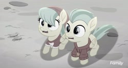 Size: 2160x1160 | Tagged: safe, screencap, barley barrel, pickle barrel, pegasus, pony, g4, my little pony: rainbow roadtrip, barrel twins, brother and sister, clothes, cute, desaturated, gray, hat, hoodie, hope hollow, shirt, shocked, shocked expression, siblings, surprised, t-shirt, twins