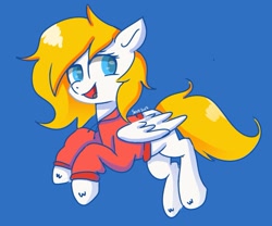 Size: 865x719 | Tagged: safe, artist:skylinepony_, oc, oc only, oc:fox, pegasus, pony, blonde, blue eyes, clothes, full body, hoodie, pegasus oc, simple background, smiling, white coat