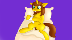Size: 1920x1080 | Tagged: safe, artist:jbond, oc, oc only, pony, unicorn, beard, bed, commission, controller, facial hair, horn, male, on bed, pillow, playing, purple background, simple background, solo, stallion, unicorn oc