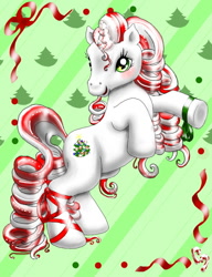 Size: 768x1000 | Tagged: safe, artist:noelle23, oc, oc only, oc:peppermint ponycorn, pony, unicorn, g3, 2009, blushing, christmas, female, g3 oc, holiday, mare, rearing, ribbon, smiling, solo
