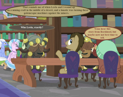 Size: 912x720 | Tagged: safe, edit, edited screencap, editor:korora, screencap, doctor whooves, silverstream, sky beak, time turner, yohimbine, yona, yvette, a horse shoe-in, g4, book, cropped, dialogue, doctor who, implied murder, implied rockhoof, jewelry, library, male, necklace, speech bubble, stallion, the robots of death