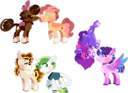 Size: 2069x1503 | Tagged: safe, artist:rickysocks, oc, oc only, oc:cocoa butter, oc:macoun crunch, oc:starburst shine, oc:vesper winds, oc:viridian sage, oc:waffle syrup, alicorn, earth pony, pegasus, pony, unicorn, alicorn oc, base used, earth pony oc, female, gay, horn, lesbian, male, oc x oc, offspring, parent:apple bloom, parent:button mash, parent:cheese sandwich, parent:flash sentry, parent:pinkie pie, parent:sweetie belle, parent:tender taps, parent:twilight sparkle, parents:cheesepie, parents:flashlight, parents:sweetiemash, parents:tenderbloom, pegasus oc, shipping, simple background, transparent background, wings