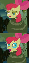Size: 872x1900 | Tagged: safe, artist:ocean lover, apple bloom, chimera, earth pony, pony, snake, g4, season 4, somepony to watch over me, apple bloom's bow, bow, bush, coiling, coils, constriction, dialogue in the description, everfree forest, forest, hair bow, hypno eyes, hypnosis, hypnotized, kaa eyes, red hair, scales, squeeze, squeezing, story included, tired, tree, what if