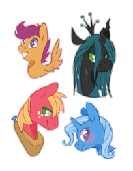 Size: 965x1240 | Tagged: safe, artist:sinclair2013, big macintosh, scootaloo, trixie, changeling, earth pony, pegasus, pony, unicorn, g4, blushing, bust, female, male, mare, simple background, stallion, transparent background