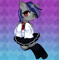 Size: 3500x3588 | Tagged: safe, artist:nicookie, oc, oc only, oc:dreaming star, bat pony, bat pony unicorn, hybrid, pony, unicorn, bat pony oc, clothes, commission, crossdressing, cute, fangs, femboy, girly, gradient background, high res, horn, male, necktie, ocbetes, pale belly, red eyes, school uniform, shirt, skirt, socks, solo, stallion, thigh highs, trap, ych result