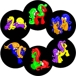 Size: 1500x1500 | Tagged: safe, artist:noelle23, oc, oc only, unnamed oc, earth pony, pony, g3, ass up, blush sticker, blushing, bow, bucking, color wheel, complementary colors, eyestrain warning, female, g3 oc, gif, group, looking at you, lying down, mare, non-animated gif, not daisy jo, not lemondrop, prone, rearing, sextet, simple background, sitting, smiling, tail, tail bow, transparent background