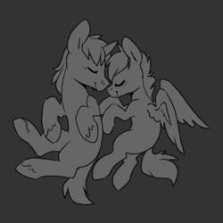 Size: 1280x1280 | Tagged: safe, artist:sinclair2013, oc, oc only, pegasus, pony, unicorn, blushing, duo, female, male, mare, monochrome, shipping, stallion, straight