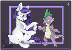 Size: 1333x922 | Tagged: safe, artist:arcticnight-art, rarity, spike, dragon, pony, unicorn, g4, belly, duo, female, forked horn, horn, male, ship:sparity, shipping, straight, winged spike, wings