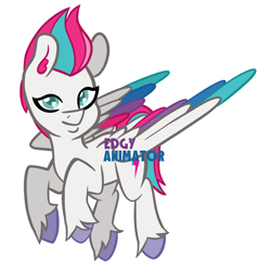 Size: 2000x2000 | Tagged: safe, artist:edgyanimator, zipp storm, pegasus, pony, g5, blue eyes, colored wings, ear fluff, female, flying, high res, looking at you, mare, multicolored wings, pink hair, short mane, simple, simple background, smiling, solo, spread wings, tail, unshorn fetlocks, white background, white coat, wings