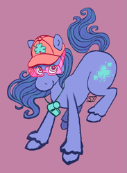 Size: 2093x2865 | Tagged: safe, artist:synthetictrip, clever clover, earth pony, pony, g2, hat, high res, looking at you, male, purple background, simple background, smiling, smiling at you, solo, stallion, sunglasses, tail, unshorn fetlocks, whistle, whistle necklace