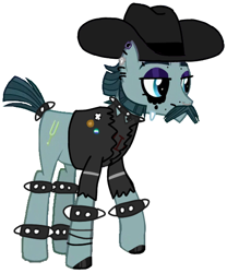 Size: 498x600 | Tagged: artist needed, source needed, safe, turner mccolt, earth pony, pony, g4, choker, clothes, ear piercing, emo, eyebrows, eyeshadow, facial hair, goth, hat, hoof polish, jacket, lidded eyes, makeup, male, mccolt family, nose piercing, piercing, simple background, solo, spiked choker, spiked wristband, stallion, white background, wristband