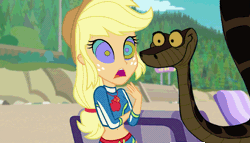 Size: 1181x677 | Tagged: safe, artist:ocean lover, edit, applejack, human, python, snake, equestria girls, equestria girls specials, g4, my little pony equestria girls: better together, my little pony equestria girls: forgotten friendship, animated, applejack's hat, beach, beach chair, belly button, blonde hair, chair, cliff, cowboy hat, disney, duo, female, geode of super strength, gif, hat, hypno eyes, hypnojack, hypnosis, hypnotized, kaa, kaa eyes, magical geodes, male, male and female, midriff, open mouth, sand, the jungle book