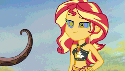 Size: 1181x677 | Tagged: safe, artist:ocean lover, edit, sunset shimmer, human, snake, equestria girls, g4, my little pony equestria girls: better together, unsolved selfie mysteries, animated, bare shoulders, beach shorts swimsuit, belly button, bikini, bikini top, clothes, disney, geode of empathy, gif, hypno eyes, hypnosis, hypnotized, jungle, kaa, kaa eyes, magical geodes, midriff, sarong, smiling, summer sunset, swimsuit, tail, the jungle book