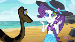 Size: 1920x1080 | Tagged: safe, artist:ocean lover, edit, rarity, human, snake, equestria girls, g4, animated, beach, belly button, bikini, boulder, clothes, diamonds, disney, duo, gif, hat, hypno eyes, hypnority, hypnosis, hypnotized, kaa, kaa eyes, looking at each other, looking at someone, midriff, ocean, open mouth, rarity's purple bikini, rock, sand, sarong, sky, sun hat, swimsuit, water