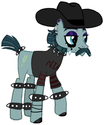 Size: 498x600 | Tagged: artist needed, source needed, safe, turner mccolt, earth pony, pony, g4, choker, ear piercing, emo, eyeshadow, facial hair, goth, hat, hoof polish, lidded eyes, makeup, male, mccolt family, nose piercing, piercing, simple background, solo, spiked choker, spiked wristband, stallion, white background, wristband