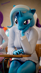 Size: 2160x3840 | Tagged: safe, artist:greenvazzy, rainbow dash, rarity, starlight glimmer, trixie, unicorn, anthro, g4, 3d, 4k, blender, blender cycles, bored, breasts, clothes, desk, female, frown, high res, looking sideways, school desk, school uniform, solo focus, vertical