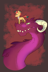 Size: 540x810 | Tagged: safe, artist:sinclair2013, oc, oc only, oc:dragon breath, dragon, earth pony, pony, abstract background, duo, female, mare