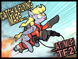 Size: 1600x1200 | Tagged: artist needed, safe, derpy hooves, pegasus, pony, g4, /mlp/ tf2 general, degreaser, derpyro, female, fire, flamethrower, flying, mare, pyro (tf2), solo, team fortress 2, text, tongue out, weapon