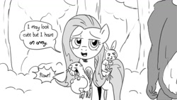 Size: 1200x675 | Tagged: safe, artist:pony-berserker, angel bunny, fluttershy, bear, beaver, rabbit, pony-berserker's twitter sketches, pony-berserker's twitter sketches (2023), g4, animal, breaking the fourth wall, forest, talking to viewer
