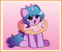 Size: 2700x2262 | Tagged: safe, artist:kittyrosie, izzy moonbow, pony, unicorn, g5, cute, daaaaaaaaaaaw, donut, female, food, happy, high res, izzybetes, mare, open mouth, open smile, signature, sitting, smiling, solo