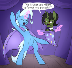 Size: 2244x2124 | Tagged: safe, artist:moonatik, trixie, oc, oc:grim fate, pony, unicorn, g4, annoyed, belly button, bipedal, bowtie, bunny out of the hat, cape, clothes, curtains, duo, female, happy, hat, high res, horn, leotard, magic, magic show, magic trick, mare, ponytail, trixie's cape, trixie's hat, unicorn oc