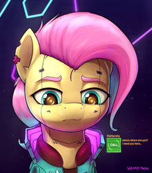 Size: 1715x1947 | Tagged: safe, artist:whiskeypanda, fluttershy, cyborg, pony, g4, abstract background, alternate hair color, alternate hairstyle, bust, clothes, cyberpunk, cyberpunk 2077, dialogue, ear piercing, earring, glowing clothes, jacket, jewelry, looking down, neon, phone call, piercing, sad, solo, torn ear