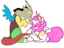 Size: 900x676 | Tagged: safe, artist:sinclair2013, discord, princess celestia, alicorn, draconequus, pony, g4, boop, duo, duo male and female, eyebrows, eyebrows visible through hair, female, frown, looking at each other, looking at someone, male, mare, noseboop, pink-mane celestia, ship:dislestia, shipping, signature, simple background, sitting, smiling, straight, transparent background
