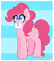 Size: 1660x1880 | Tagged: safe, artist:saveraedae, pinkie pie, earth pony, pony, g4, blue background, blue eyes, cute, diapinkes, female, heart, heart eyes, letter, looking at someone, mare, simple background, solo, wingding eyes