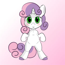 Size: 1000x1000 | Tagged: safe, alternate version, artist:cutiecarbon, sweetie belle, pony, unicorn, semi-anthro, g4, arm hooves, belly, blushing, cute, diasweetes, female, filly, foal, gradient background, solo, standing on two hooves, young