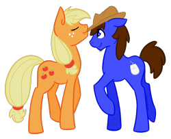 Size: 1280x1040 | Tagged: safe, artist:sinclair2013, applejack, oc, oc:stewart, earth pony, pony, g4, applejack's hat, cowboy hat, duo, eyes closed, female, hat, mare, simple background, transparent background