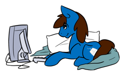 Size: 1280x768 | Tagged: safe, artist:sinclair2013, oc, oc only, oc:stewart, earth pony, pony, computer, male, pillow, simple background, solo, stallion, transparent background