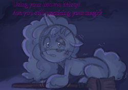Size: 1011x717 | Tagged: safe, anonymous artist, misty brightdawn, pony, unicorn, series:misty pov, g5, spoiler:g5, black eye, broom, bruised, female, floppy ears, implied opaline arcana, malnourished, mare, misty can't catch a break, misty deserves better, offscreen character, opabitch, skinny, thin