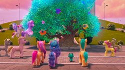 Size: 1366x768 | Tagged: safe, screencap, diggy, hitch trailblazer, izzy moonbow, mayflower, pipp petals, posey bloom, sander, sparky sparkeroni, sunny starscout, zipp storm, dragon, earth pony, pegasus, pony, unicorn, g5, growing pains, my little pony: make your mark, my little pony: make your mark chapter 2, spoiler:my little pony: make your mark, spoiler:my little pony: make your mark chapter 2, spoiler:mymc02e02, bush, female, flower, flying, male, mane five, mane stripe sunny, mare, raised hoof, rear view, spread wings, stallion, together tree, tree, unnamed character, unnamed pony, wings