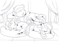 Size: 1424x1014 | Tagged: safe, artist:nauyaco, apple bloom, scootaloo, sweetie belle, earth pony, pegasus, pony, unicorn, g4, blank flank, cutie mark crusaders, eyes closed, female, filly, foal, grayscale, horn, lying down, monochrome, on back, on side, open mouth, prone, simple background, sleeping, white background, wings