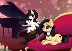 Size: 1280x904 | Tagged: safe, artist:ottava, oc, oc only, oc:ottava, earth pony, pegasus, pony, alcohol, female, male, mare, musical instrument, piano, romantic, stallion, wine