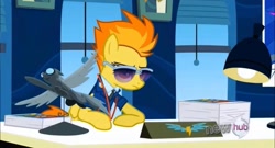 Size: 2160x1169 | Tagged: safe, screencap, spitfire, pegasus, pony, g4, wonderbolts academy, autograph, clothes, desk, drill sergeant, female, lamp, necktie, office, solo, spitfire's office, spitfire's tie, suit, sunglasses, uniform, whistle necklace, window, wonderbolts, wonderbolts dress uniform