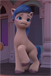 Size: 540x810 | Tagged: safe, screencap, lookie uppie, earth pony, pony, g5, have you seen this dragon?, my little pony: make your mark, my little pony: make your mark chapter 2, cropped, female, mare, outdoors, raised hoof, solo, unshorn fetlocks, worried