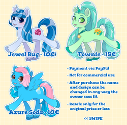 Size: 3576x3531 | Tagged: safe, artist:bluecocoaart, oc, pegasus, pony, unicorn, adoptable, blue fur, high res