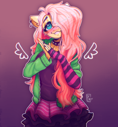 Size: 3500x3776 | Tagged: safe, artist:yumkandie, fluttershy, anthro, dtiys emoflat, g4, blushing, cheek fluff, chest fluff, choker, clothes, cute, cute little fangs, draw this in your style, ear fluff, ear piercing, evening gloves, fangs, fingerless elbow gloves, fingerless gloves, freckles, gloves, gradient background, hair over one eye, high res, hoodie, long gloves, piercing, signature, skirt, solo, spiked choker, striped gloves, sweater, wingding eyes