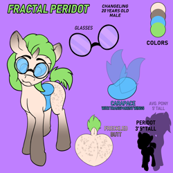 Size: 3000x3000 | Tagged: safe, artist:jacqueling, oc, oc only, oc:fractal peridot, changeling, albino, albino changeling, blue changeling, blue eyes, butt freckles, carapace, changeling oc, color palette, curved horn, dock, ear piercing, fangs, freckles, glasses, high res, horn, insect wings, male, piercing, purple background, reference sheet, simple background, size chart, size comparison, solo, tail, text, wings