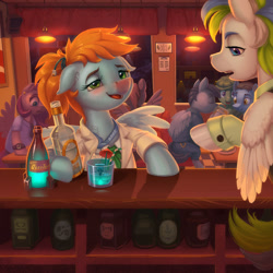 Size: 1000x1000 | Tagged: safe, artist:gor1ck, oc, oc only, oc:morning star, oc:rain bow, pegasus, pony, fallout equestria, alcohol, bar, bartender, blushing, cable, clothes, cyberpunk: edgerunners, david martinez, drunk, enclave, glass, ice cube, id card, lab coat, pegasus oc, red nosed, shot glass, sparkle cola, sparkle cola quantum, vodka, watch