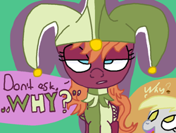 Size: 1040x780 | Tagged: safe, anonymous artist, derpy hooves, sweet pepper, pegasus, pony, g4, 4chan, annoyed, clothes, costume, dialogue, female, hat, jester, jester hat, joker, mare