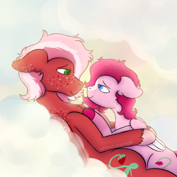 Size: 3000x3000 | Tagged: safe, artist:whimsicalseraph, oc, oc only, oc:raspberry sorbet, oc:strawberry syrup, pegasus, pony, cloud, colored wings, duo, female, floppy ears, freckles, high res, incest, lesbian, lying down, lying on a cloud, lying on top of someone, messy mane, on a cloud, pegasus oc, sunlight, sunrise, twincest, twins, unshorn fetlocks, waking up, wings