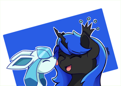 Size: 1716x1219 | Tagged: safe, artist:morrigun, oc, oc only, oc:blue visions, changeling, glaceon, changeling oc, cute, eyes closed, female, horn, licking, mare, open mouth, pokémon, shiny pokémon, signature, simple background, tongue out, white background