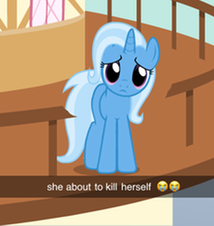 Size: 690x729 | Tagged: safe, artist:horses are fuckin weird, trixie, pony, unicorn, g4, emoji, implied suicide, meme, ponified meme, ponyville, ponyville town hall, shitposting, solo