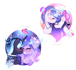 Size: 3800x3461 | Tagged: safe, artist:harmonyvitality-yt, oc, oc only, alicorn, pony, unicorn, alicorn oc, base used, bow, bust, female, grin, hair bow, high res, horn, male, mare, oc x oc, offspring, parent:flash sentry, parent:king sombra, parent:mistmane, parent:princess luna, parent:star swirl the bearded, parent:twilight sparkle, parents:flashlight, parents:lumbra, parents:mistswirl, shipping, simple background, smiling, stallion, transparent background, unicorn oc, wings