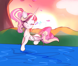 Size: 1920x1631 | Tagged: safe, artist:harmonyvitality-yt, oc, alicorn, pony, alicorn oc, deviantart watermark, eyes closed, female, horn, mare, obtrusive watermark, outdoors, pond, smiling, solo, sunset, tree, water, watermark, wings