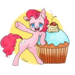 Size: 768x768 | Tagged: safe, artist:zoomiso, pinkie pie, earth pony, pony, g4, bipedal, cupcake, female, food, mare, solo, tiny, tiny ponies