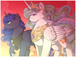 Size: 1280x960 | Tagged: safe, artist:binibean, princess celestia, princess luna, alicorn, pony, g4, duo, female, mare, masculine mare, royal sisters, siblings, sisters, sunset