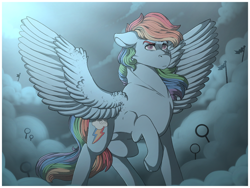 Size: 1280x960 | Tagged: safe, artist:binibean, rainbow dash, pegasus, pony, g4, female, floppy ears, mare, masculine mare, raised hoof, solo, spread wings, wings